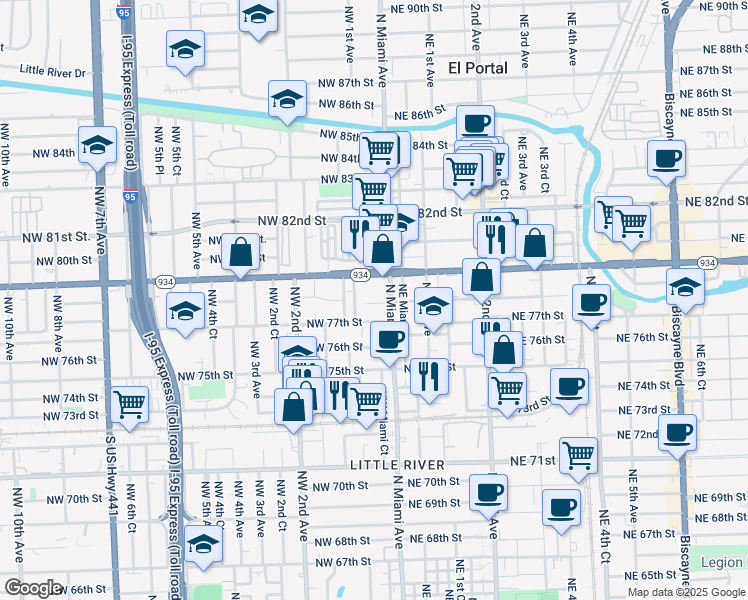 map of restaurants, bars, coffee shops, grocery stores, and more near 25 Northwest 78th Street in Miami