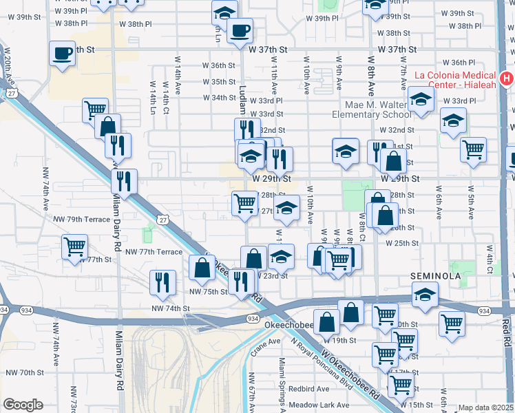 map of restaurants, bars, coffee shops, grocery stores, and more near 1165 West 27th Street in Hialeah
