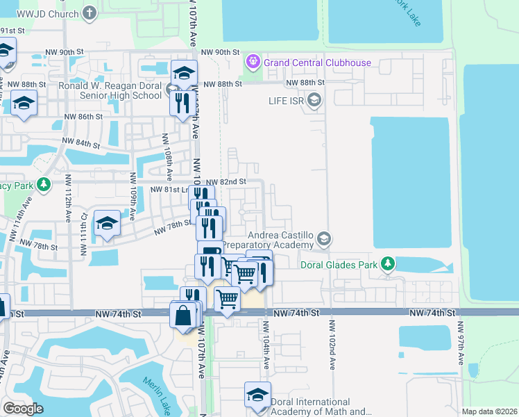 map of restaurants, bars, coffee shops, grocery stores, and more near 8013 Northwest 104th Court in Doral