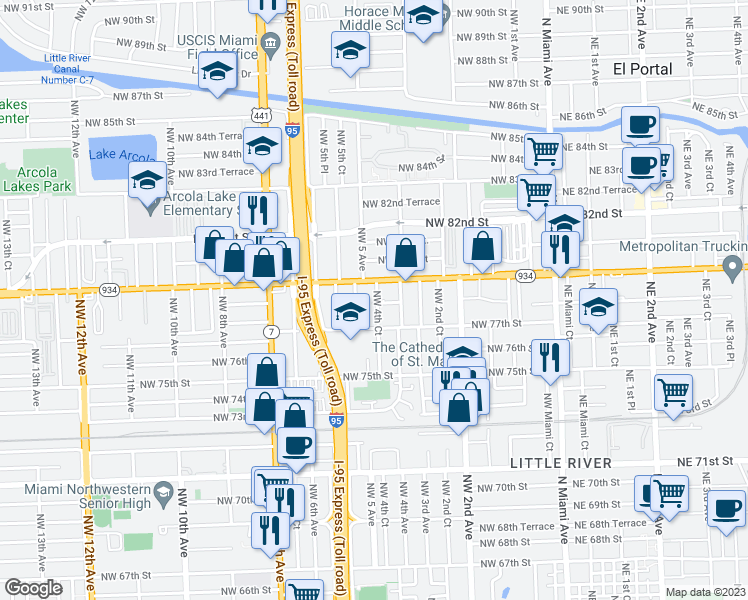 map of restaurants, bars, coffee shops, grocery stores, and more near 7802 Northwest 4th Court in Miami