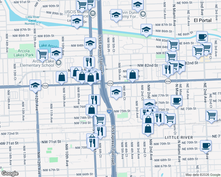 map of restaurants, bars, coffee shops, grocery stores, and more near 7814 Northwest 5th Court in Miami