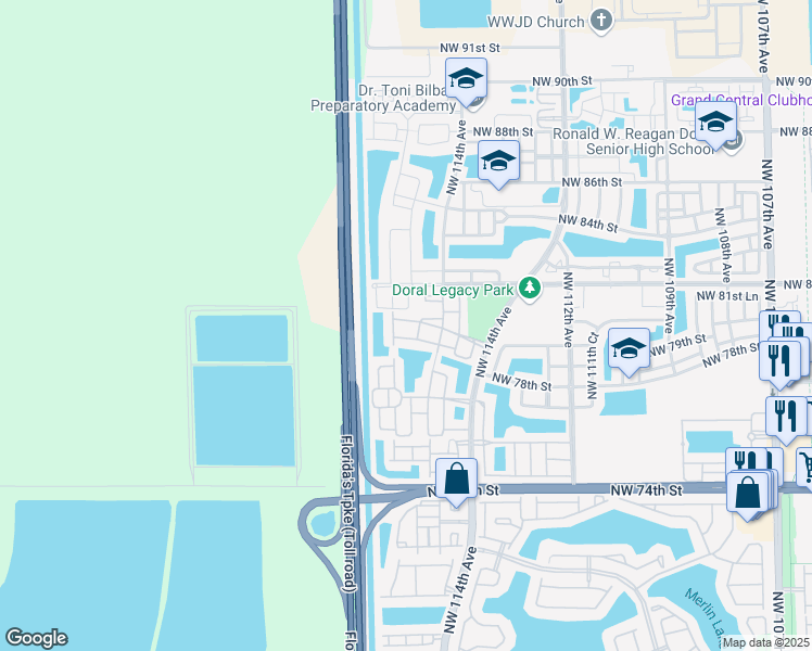 map of restaurants, bars, coffee shops, grocery stores, and more near 11552 Northwest 80th Street in Medley