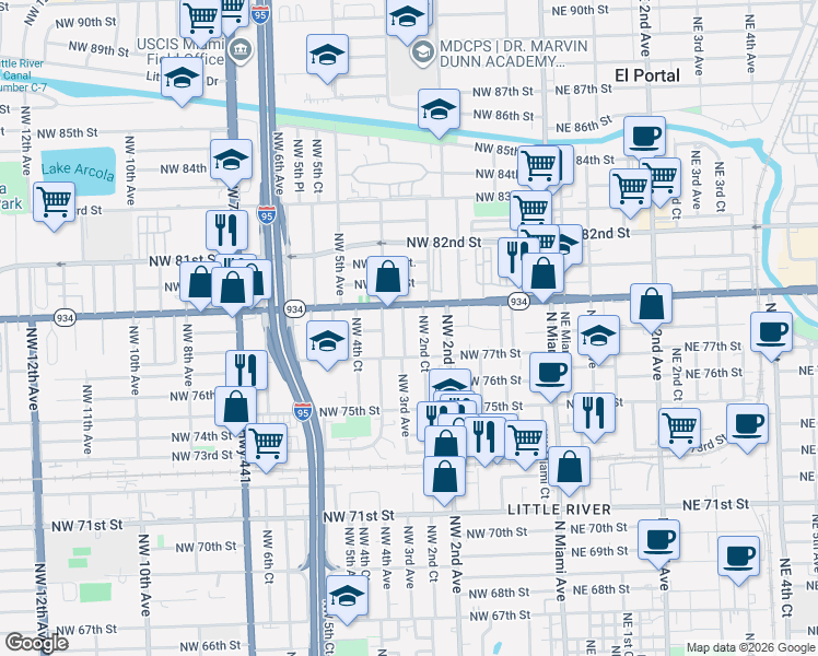 map of restaurants, bars, coffee shops, grocery stores, and more near 7748 Northwest 2nd Court in Miami