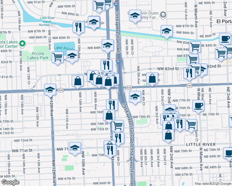map of restaurants, bars, coffee shops, grocery stores, and more near 7820 Northwest 6th Court in Miami