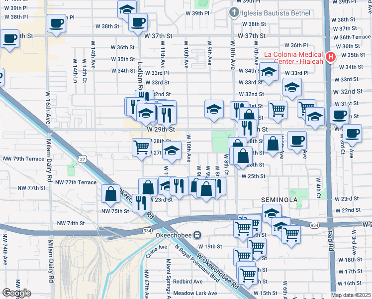 map of restaurants, bars, coffee shops, grocery stores, and more near 2712 West 10th Avenue in Hialeah