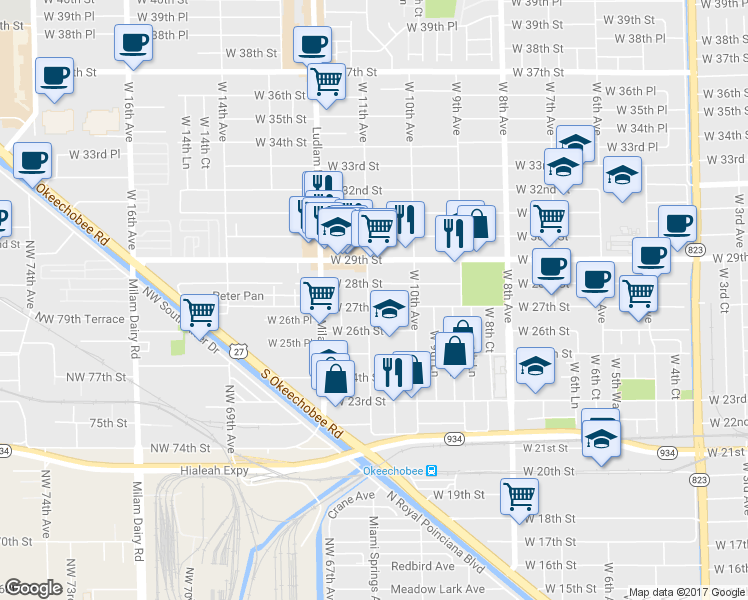 map of restaurants, bars, coffee shops, grocery stores, and more near 1085 West 27th Street in Hialeah