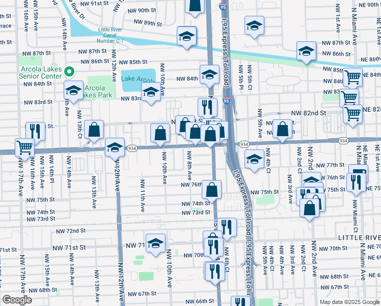 map of restaurants, bars, coffee shops, grocery stores, and more near 7801 Northwest 8th Avenue in Miami