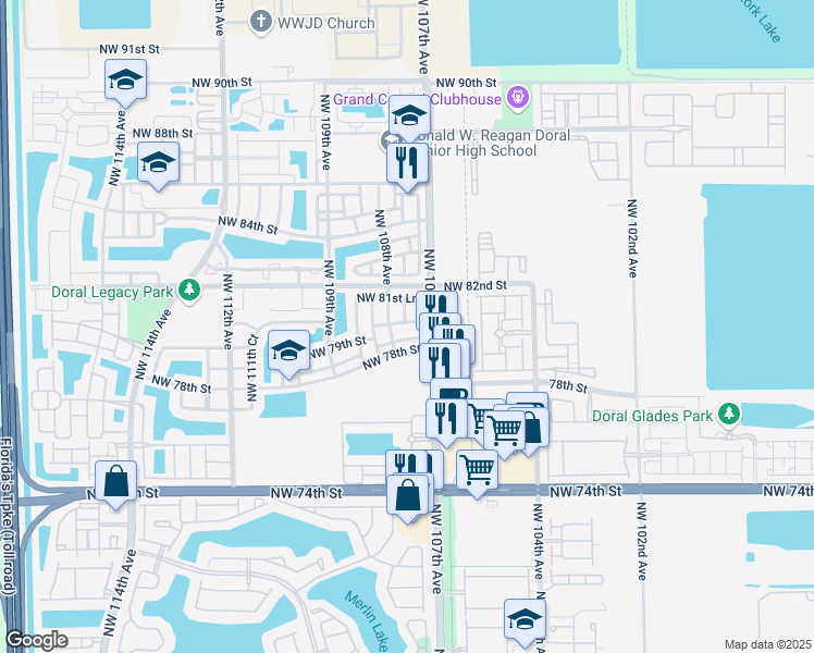 map of restaurants, bars, coffee shops, grocery stores, and more near 10750 Northwest 80th Lane in Miami