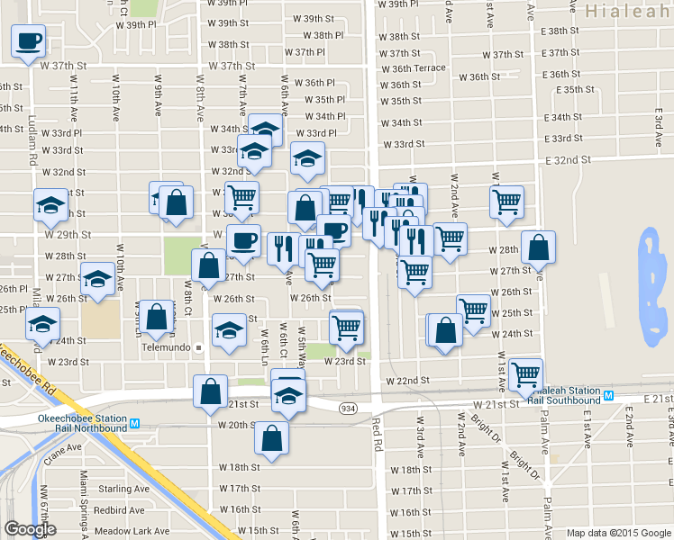 map of restaurants, bars, coffee shops, grocery stores, and more near 485 West 27th Street in Hialeah