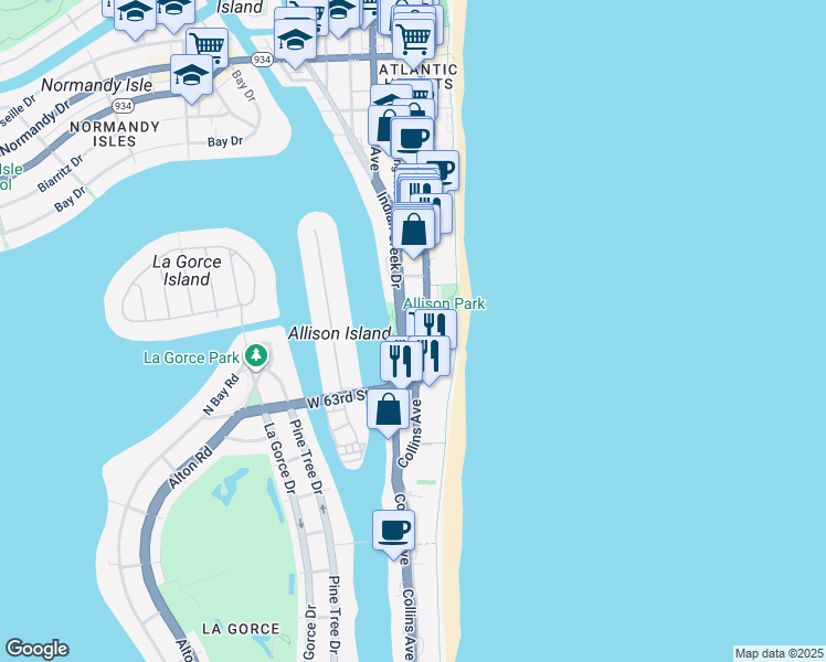 map of restaurants, bars, coffee shops, grocery stores, and more near 6422 Collins Avenue in Miami Beach