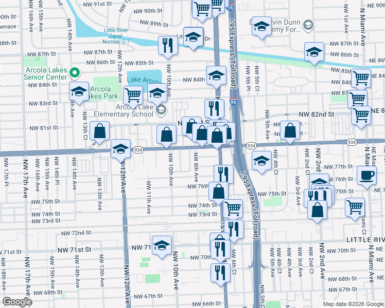 map of restaurants, bars, coffee shops, grocery stores, and more near 7801 Northwest 8th Avenue in Miami