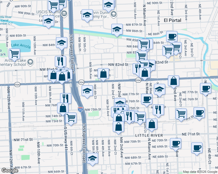 map of restaurants, bars, coffee shops, grocery stores, and more near 7748 Northwest 2nd Court in Miami