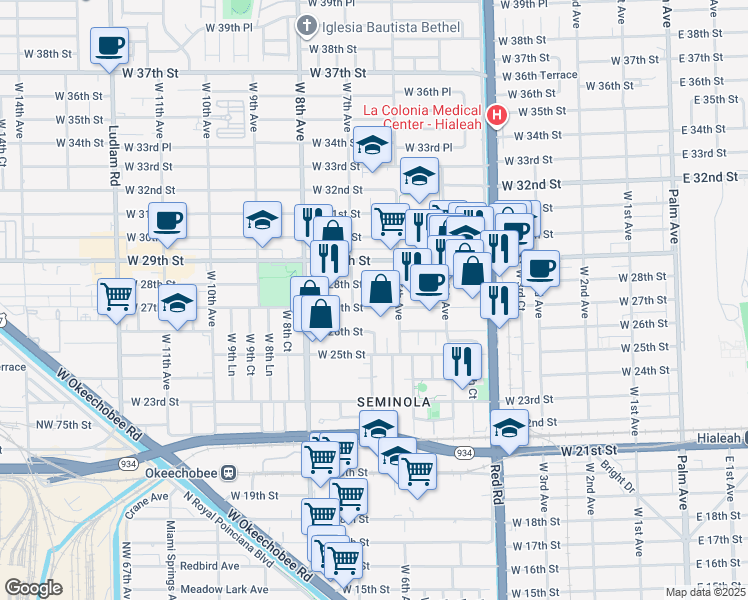 map of restaurants, bars, coffee shops, grocery stores, and more near 631 West 27th Street in Hialeah