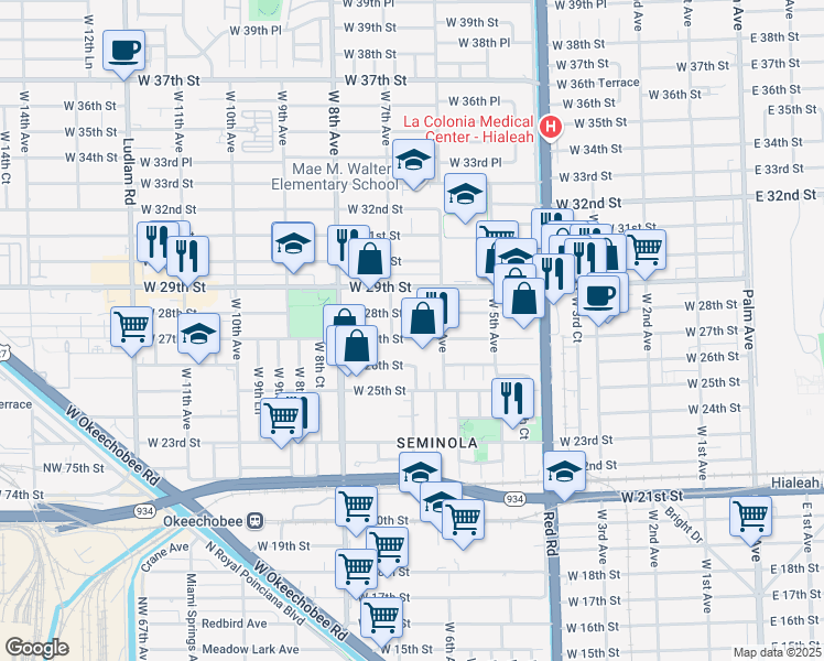 map of restaurants, bars, coffee shops, grocery stores, and more near 631 West 27th Street in Hialeah