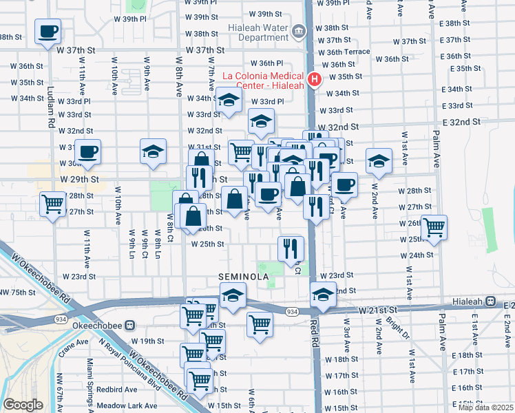 map of restaurants, bars, coffee shops, grocery stores, and more near 565 West 27th Street in Hialeah