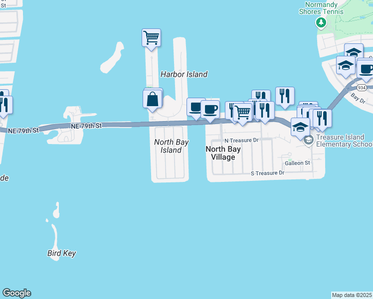 map of restaurants, bars, coffee shops, grocery stores, and more near 7611 Beachview Drive in North Bay Village
