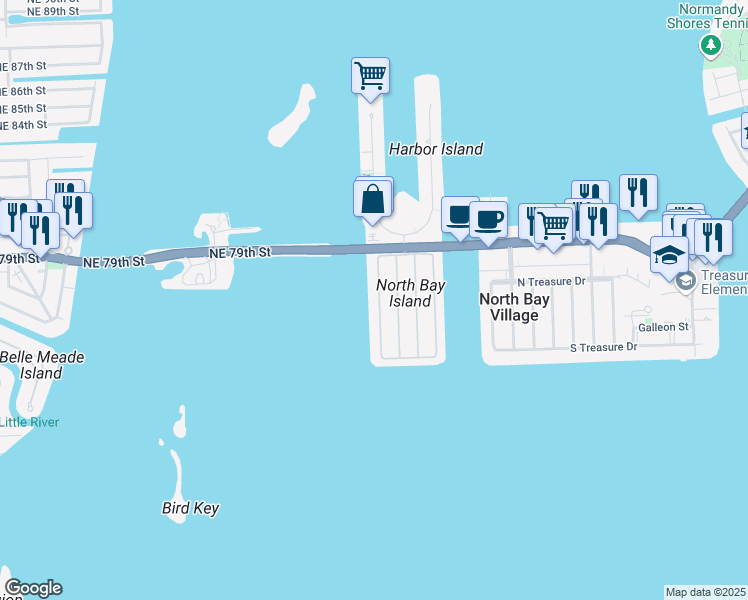 map of restaurants, bars, coffee shops, grocery stores, and more near 7620 Miami View Drive in North Bay Village