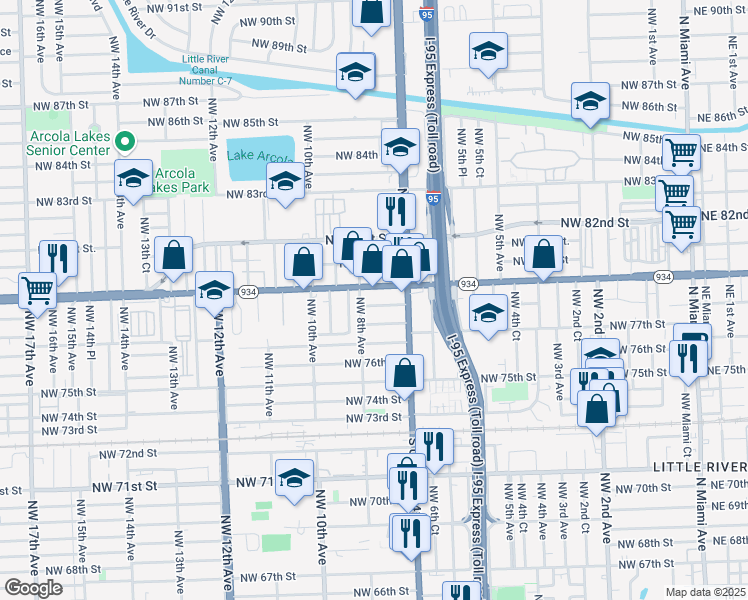 map of restaurants, bars, coffee shops, grocery stores, and more near 775 Northwest 78th Street in Miami