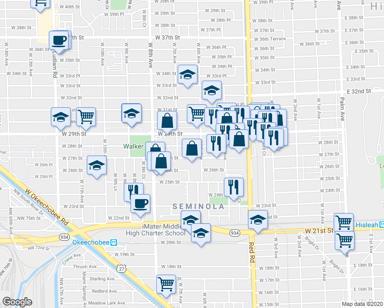 map of restaurants, bars, coffee shops, grocery stores, and more near 631 West 27th Street in Hialeah