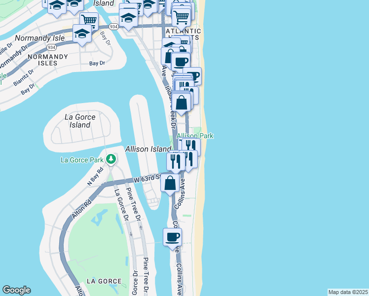 map of restaurants, bars, coffee shops, grocery stores, and more near 6422 Collins Avenue in Miami Beach