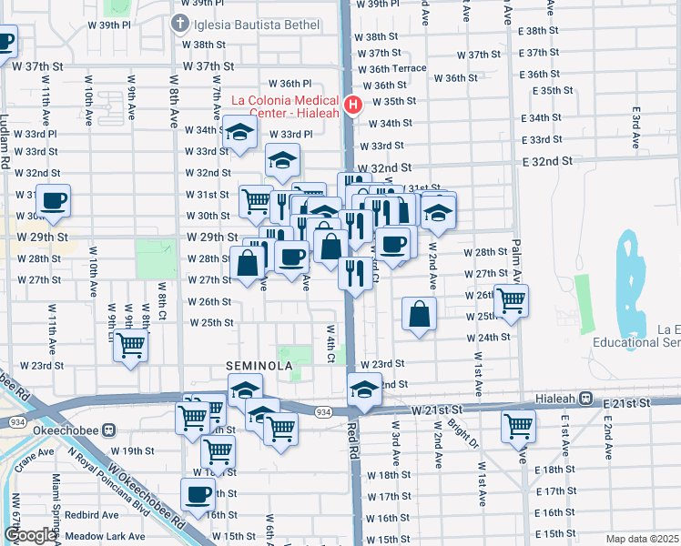 map of restaurants, bars, coffee shops, grocery stores, and more near 415 West 27th Street in Hialeah