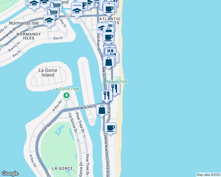 map of restaurants, bars, coffee shops, grocery stores, and more near 6422 Collins Avenue in Miami Beach