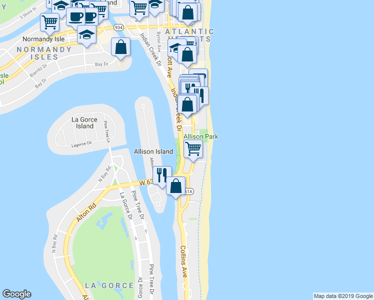 map of restaurants, bars, coffee shops, grocery stores, and more near in Miami Beach
