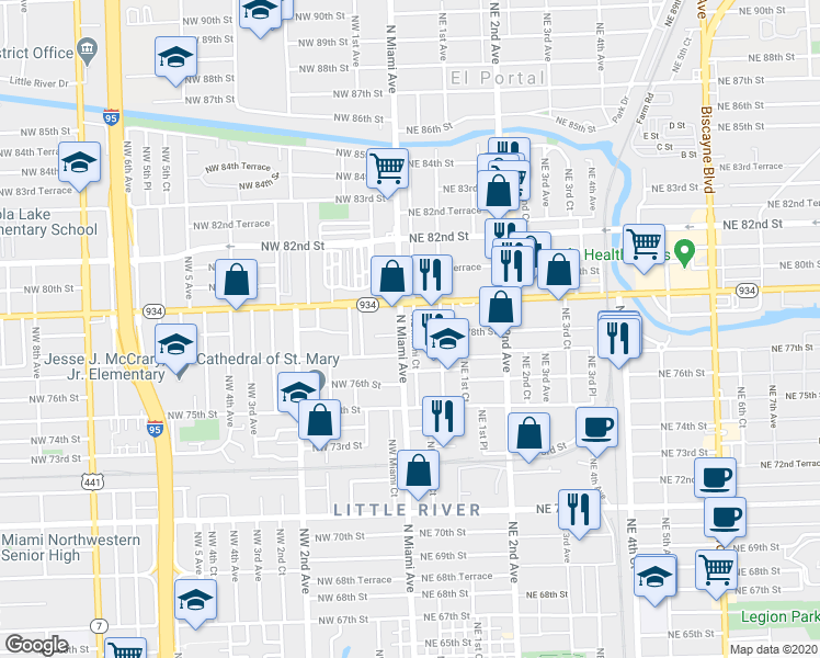 map of restaurants, bars, coffee shops, grocery stores, and more near 60 Northeast 78th Street in Miami