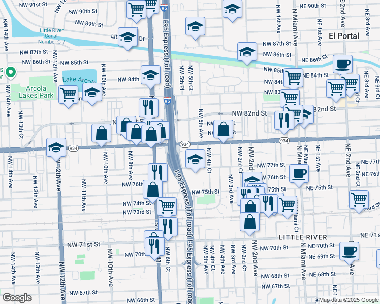 map of restaurants, bars, coffee shops, grocery stores, and more near 7814 Northwest 5th Court in Miami