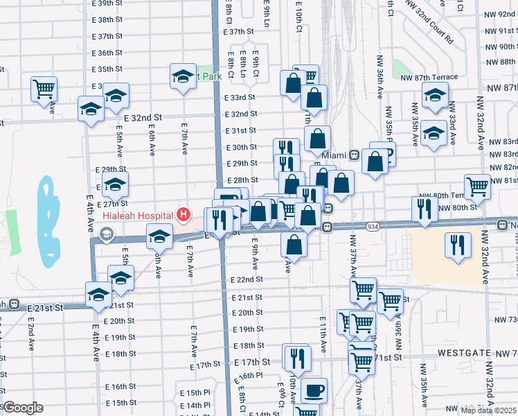 map of restaurants, bars, coffee shops, grocery stores, and more near 931 East 26th Street in Hialeah
