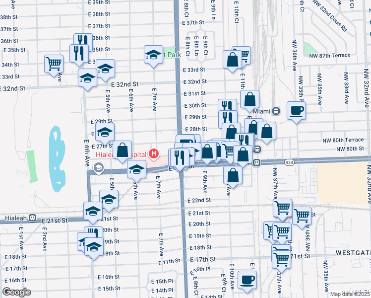 map of restaurants, bars, coffee shops, grocery stores, and more near 2600 East 8th Avenue in Hialeah