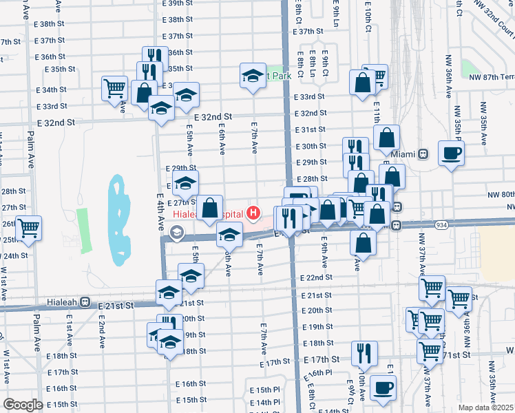 map of restaurants, bars, coffee shops, grocery stores, and more near 2601 East 7th Avenue in Hialeah