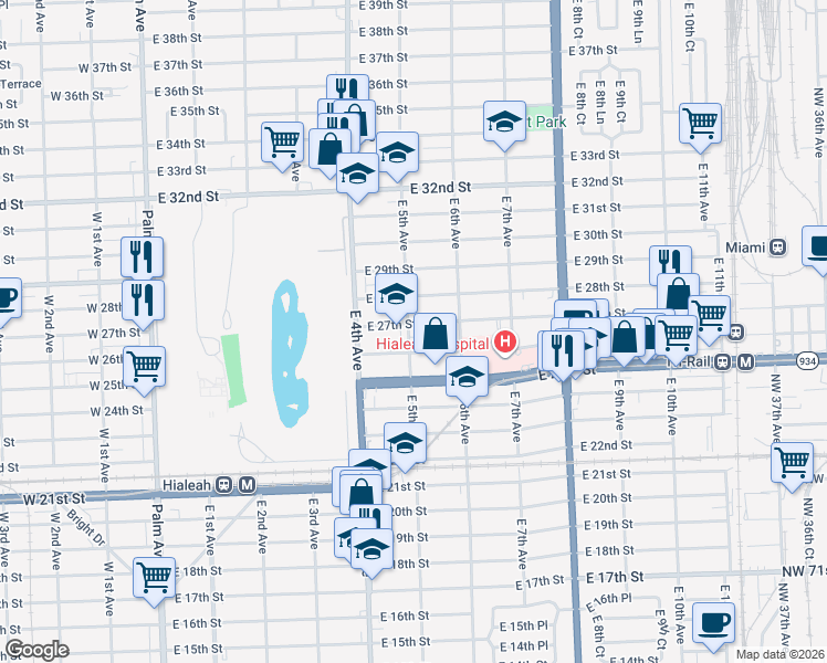 map of restaurants, bars, coffee shops, grocery stores, and more near 492 East 27th Street in Hialeah