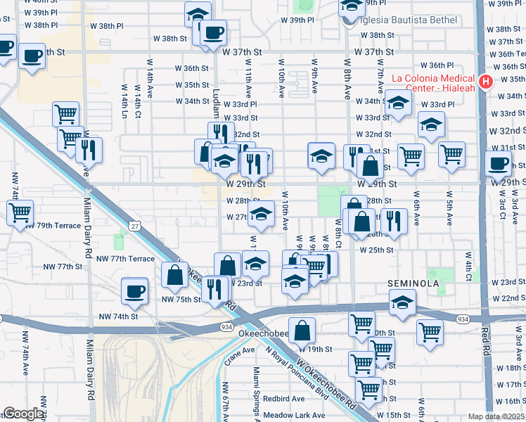 map of restaurants, bars, coffee shops, grocery stores, and more near 1085 West 27th Street in Hialeah