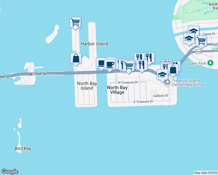 map of restaurants, bars, coffee shops, grocery stores, and more near 7544 West Treasure Drive in North Bay Village
