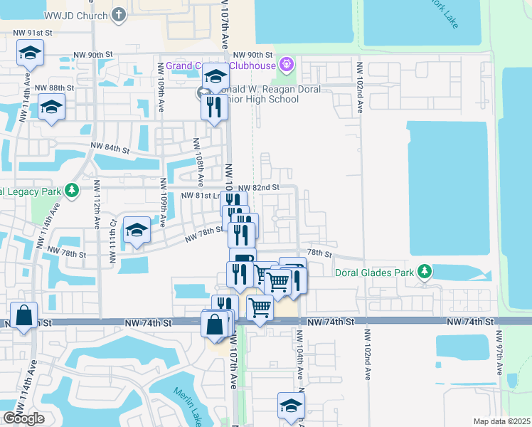 map of restaurants, bars, coffee shops, grocery stores, and more near 8019 Northwest 105th Court in Doral