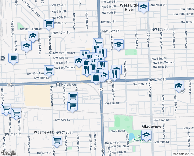 map of restaurants, bars, coffee shops, grocery stores, and more near 7910 Northwest 27th Avenue in Miami
