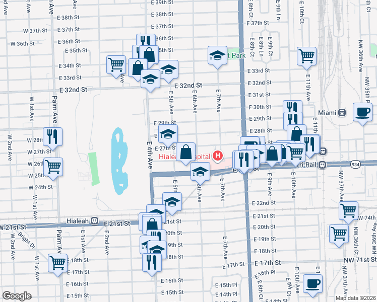 map of restaurants, bars, coffee shops, grocery stores, and more near 560 East 27th Street in Hialeah
