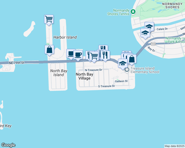 map of restaurants, bars, coffee shops, grocery stores, and more near 7544 Buccaneer Avenue in North Bay Village