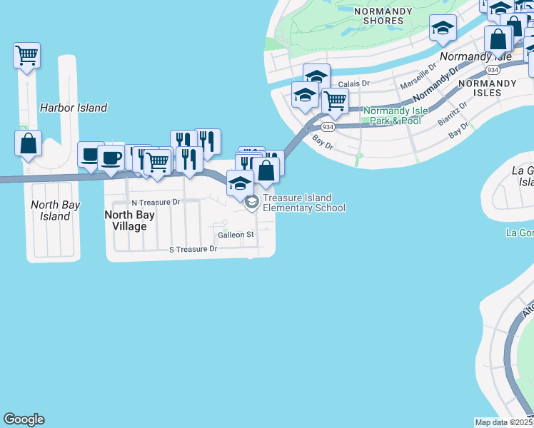 map of restaurants, bars, coffee shops, grocery stores, and more near 7545 East Treasure Drive in North Bay Village