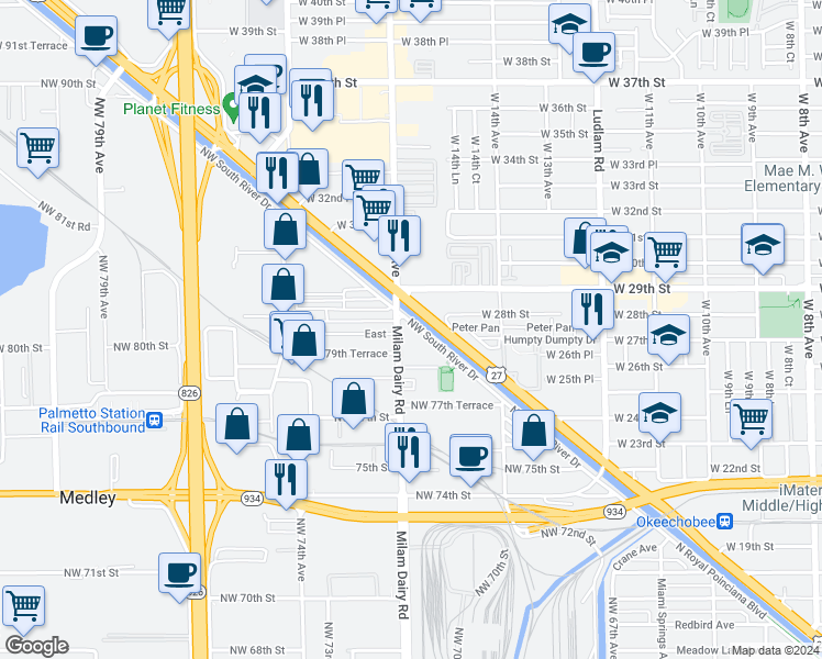 map of restaurants, bars, coffee shops, grocery stores, and more near 7911 Northwest 72nd Avenue in Medley