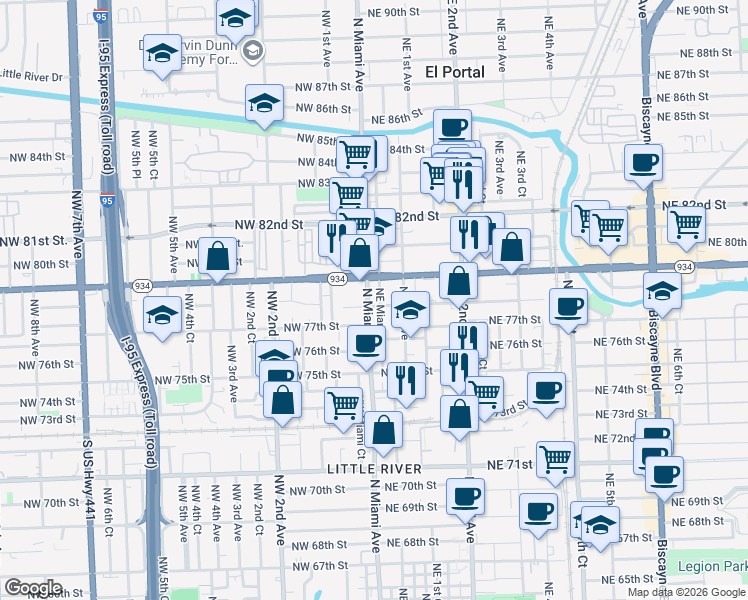 map of restaurants, bars, coffee shops, grocery stores, and more near 60 Northeast 78th Street in Miami