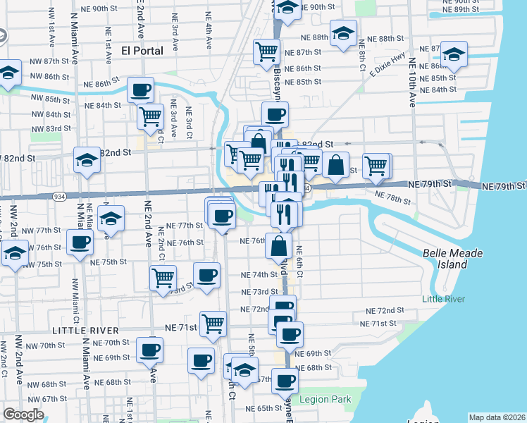 map of restaurants, bars, coffee shops, grocery stores, and more near 528 Northeast 78th Street in Miami