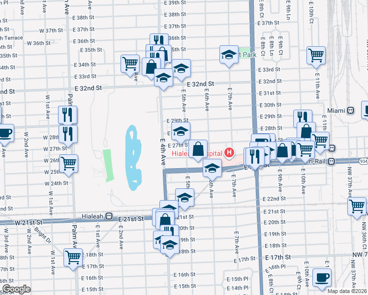 map of restaurants, bars, coffee shops, grocery stores, and more near 492 East 27th Street in Hialeah
