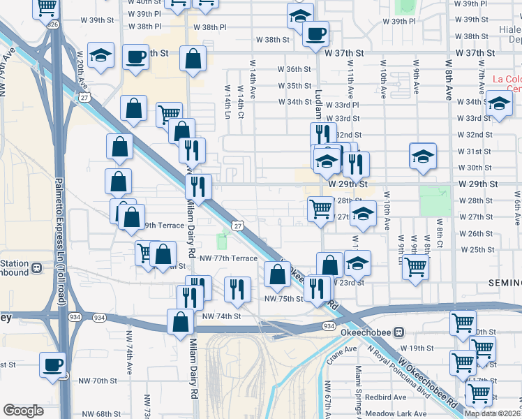 map of restaurants, bars, coffee shops, grocery stores, and more near 60 Peter Pan in Hialeah