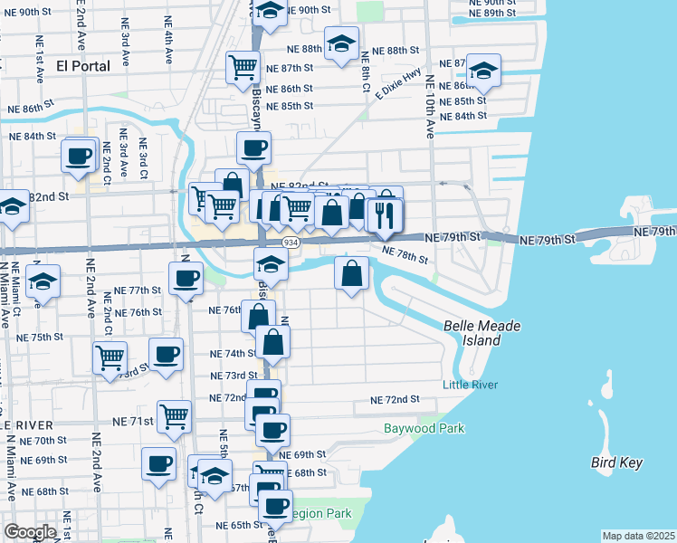 map of restaurants, bars, coffee shops, grocery stores, and more near 757 Northeast 77th Terrace in Miami