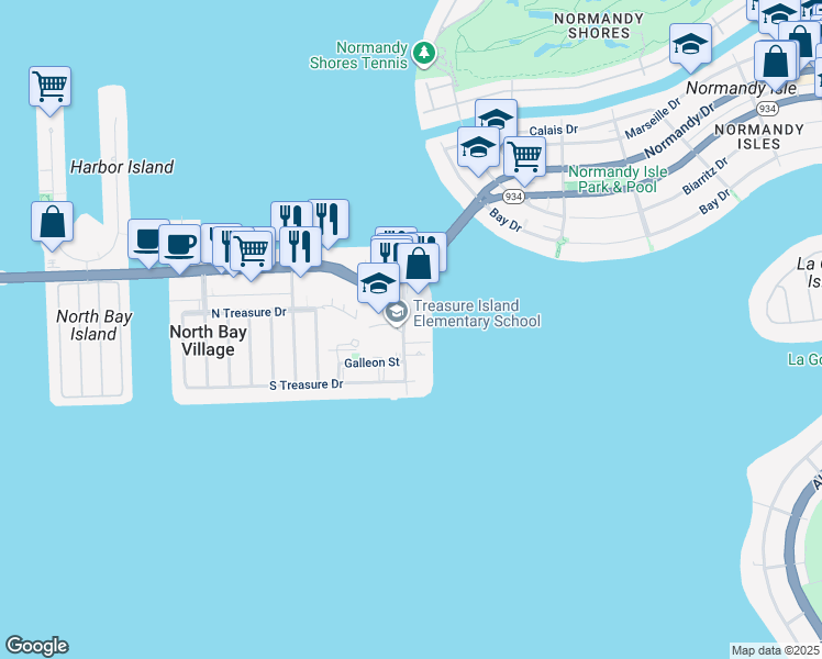 map of restaurants, bars, coffee shops, grocery stores, and more near 7540 East Treasure Drive in North Bay Village