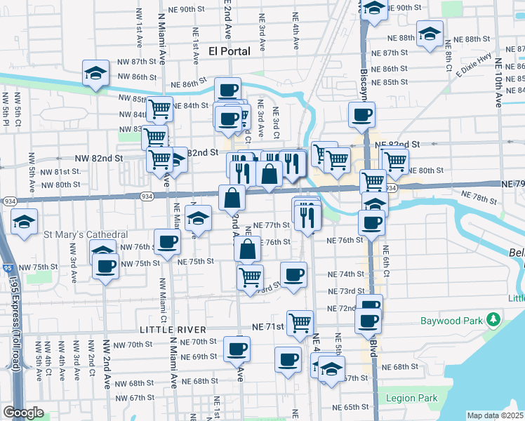 map of restaurants, bars, coffee shops, grocery stores, and more near 274 Northeast 78th Street in Miami