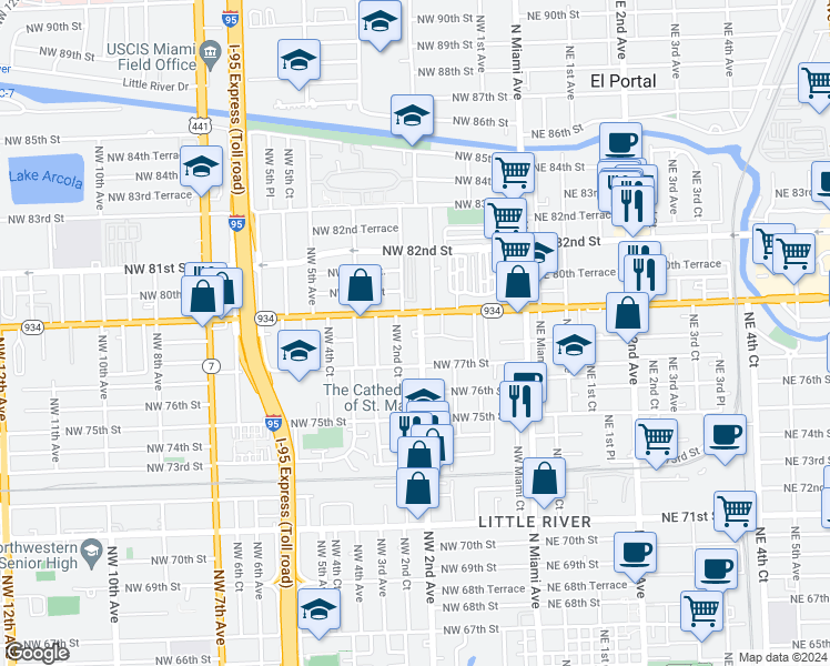 map of restaurants, bars, coffee shops, grocery stores, and more near 165 Northwest 78th Street in Miami