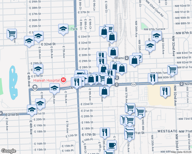 map of restaurants, bars, coffee shops, grocery stores, and more near 931 East 26th Street in Hialeah